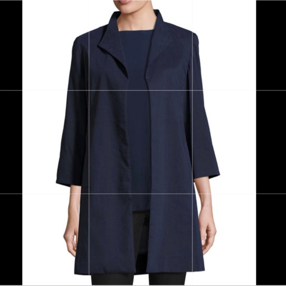 Eileen Fisher Navy A-Line Polished Ramie Silk Open Long Coat Jacket Swing Small